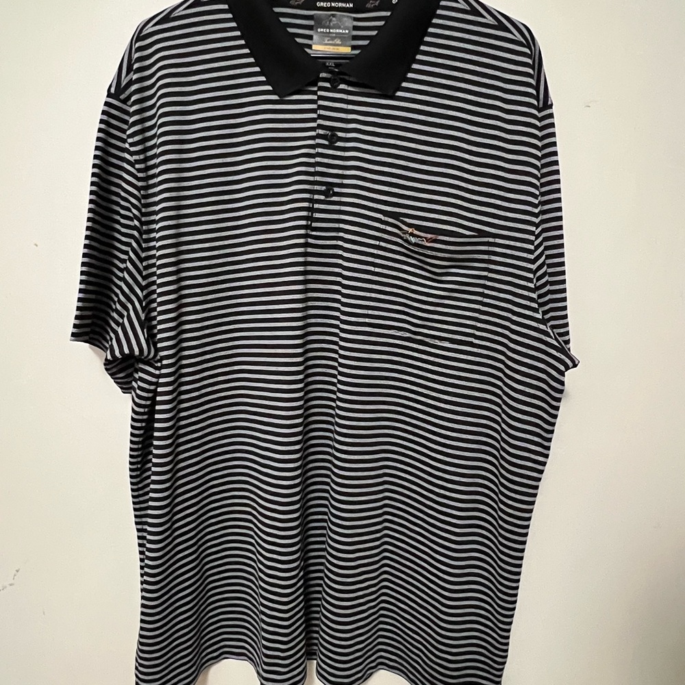 Greg Norman Golf Shirt Men's 2XL Black White Striped for Tasso Ella play dry